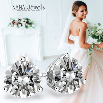 NANA Jewels Sterling Silver 3 Prongs Martini Style Stud CZ Earrings with Surgical Stainless Steel Post (1.25cttw-4.00cttw)
