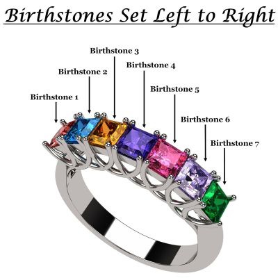 NANA Jewels Princess Cut Lucita Style 1 to 7 Birthstones - Mother&#039;s Birthstone Ring in Sterling Silver, Solid 10k or 14k Gold