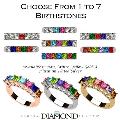 NANA Jewels Princess Cut Lucita Style 1 to 7 Birthstones - Mother&#039;s Birthstone Ring in Sterling Silver, Solid 10k or 14k Gold