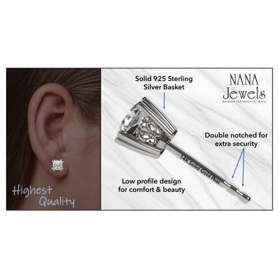 NANA Jewels Sterling Silver Asscher Cut Swarovski Zirconia Stud Earrings with a Solid 14k gold Post (0.75cttw-4.00cttw)