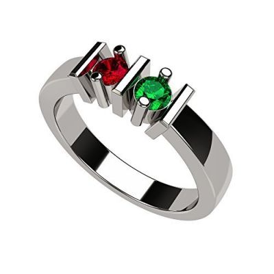 Straight Bar Couples 2 Stone Ring w/Simulated Birthstones in Silver, 10K or 14K Gold