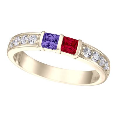 NANA Princess w/Side CZ Couples 2 Stone Ring w/Simulated Birthstones in Silver, 10K or 14K Gold