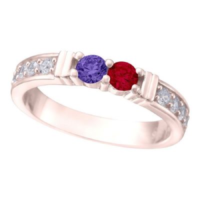 NANA Shared Prong w/Sides Couple 2 Stone Ring w/Simulated Birthstones in Silver, 10K or 14K Gold