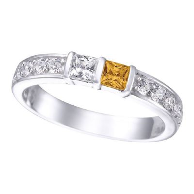 NANA Princess w/Side CZ Couples 2 Stone Ring w/Simulated Birthstones in Silver, 10K or 14K Gold