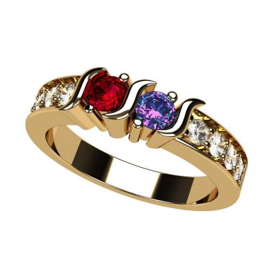 S-Bar w/Sides Couple&#039;s Ring with Simulated Birthstones in Sterling Silver, 10K or 14K Solid GOLD