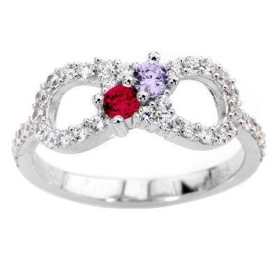 Infinity Couples 2 Stone Ring w/Simulated Birthstones in Silver, 10K or 14K Solid Gold