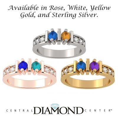 NANA Straight Bar w/Sides Couples 2 Stone Ring w/Simulated Birthstones Silver, 10K or 14K Gold