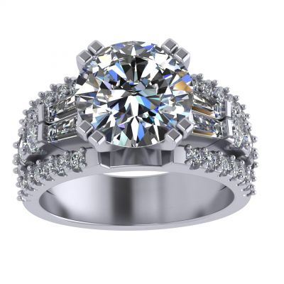 Sterling Silver Round &amp; Baguette Engagement wedding set ring with a 9.00mm-2.50ct Round Center Stone