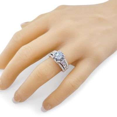 Sterling Silver Round &amp; Baguette Engagement wedding set ring with a 9.00mm-2.50ct Round Center Stone