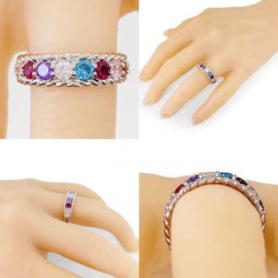 Central Diamond Center Rope Mothers Birthstone Ring with 1 to 10 Simulated Birthstones in Sterling Silver, 10k or 14k Gold