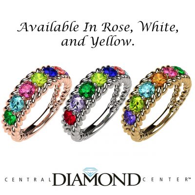 Central Diamond Center Rope Mothers Birthstone Ring with 1 to 10 Simulated Birthstones in Sterling Silver, 10k or 14k Gold