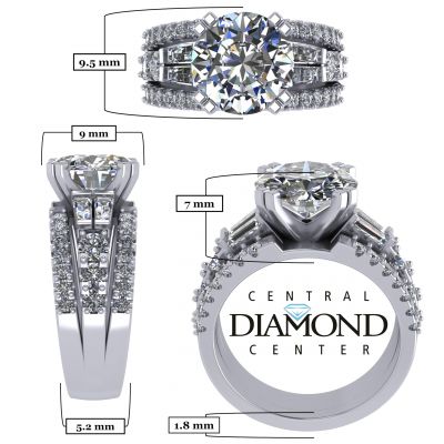 Sterling Silver Round &amp; Baguette Engagement wedding set ring with a 9.00mm-2.50ct Round Center Stone
