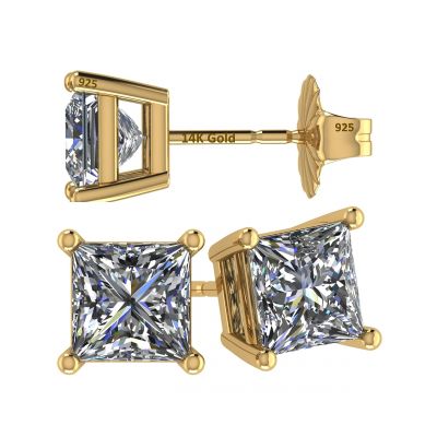 14K Gold Posts &amp; Sterling Silver Princess Cut CZ Stud Earrings w/ Pure Brilliance Zirconia, 1.50-4.00ctw