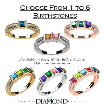 NANA Jewels Princess w/CZs on 3 sides Mother&#039;s Rings 1-6 Stone in Sterling Silver, 10k or 14k, White Yellow or Rose Gold