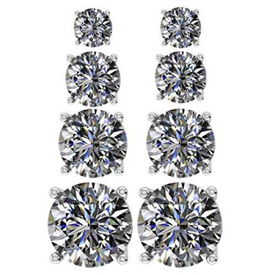 NANA Jewels Sterling Silver Pure Brilliance Zirconia Stud Earrings with Stainless Steel Post - Set of 4 Pairs