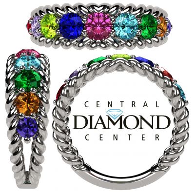 Central Diamond Center Rope Mothers Birthstone Ring with 1 to 10 Simulated Birthstones in Sterling Silver, 10k or 14k Gold