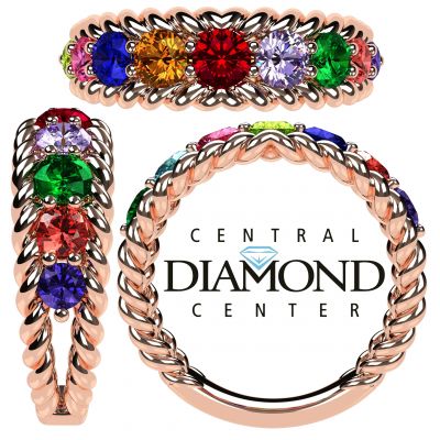 Central Diamond Center Rope Mothers Birthstone Ring with 1 to 10 Simulated Birthstones in Sterling Silver, 10k or 14k Gold