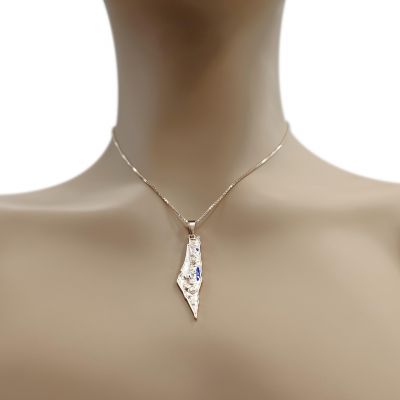 Central Diamond Center Israel Map Necklace/Pendant-Sterling Silver Am Israel Chai on Back Side-3D Map of Israel Large &amp; Small