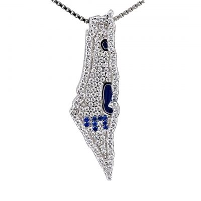 Central Diamond Center Israel Map Necklace/Pendant-Sterling Silver Am Israel Chai on Back Side-3D Map of Israel Large &amp; Small