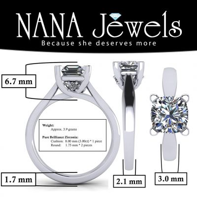 NANA Jewels Cushion Cut Simulated Diamond Solitaire Engagement ring Lucita style 1.5 to 3.0 carat Pure Brilliance Zirconia