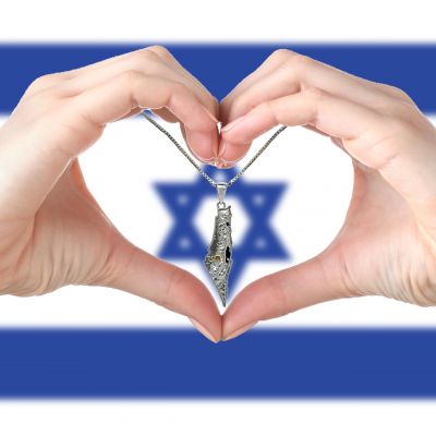 Central Diamond Center Israel Map Necklace/Pendant-Sterling Silver Am Israel Chai on Back Side-3D Map of Israel Large &amp; Small