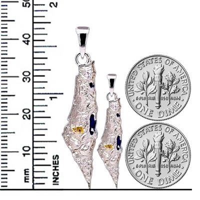 Central Diamond Center Israel Map Necklace/Pendant-Sterling Silver Am Israel Chai on Back Side-3D Map of Israel Large &amp; Small