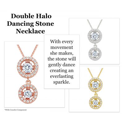 Round Double Halo Dancing Stone Necklace w/Pure Brilliance Zirconia in Gold Plated Sterling Silver