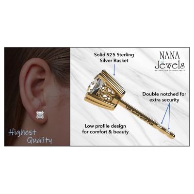 NANA Jewels 14K Solid Gold Posts &amp; Sterling Silver Asscher Cut CZ Stud Earrings 0.75-4.00ctw Zirconia Hypoallergenic