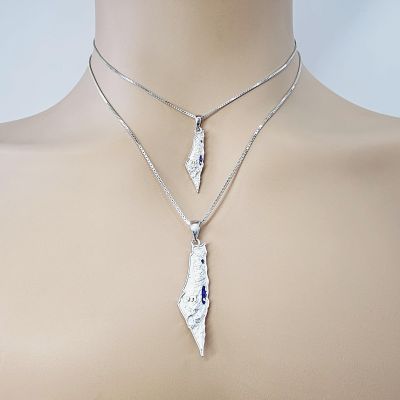 Central Diamond Center Israel Map Necklace/Pendant-Sterling Silver Am Israel Chai on Back Side-3D Map of Israel Large &amp; Small