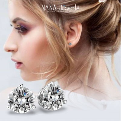 NANA Jewels Sterling Silver 3 Prongs Martini Style Stud CZ Earrings with Surgical Stainless Steel Post (1.25cttw-4.00cttw)