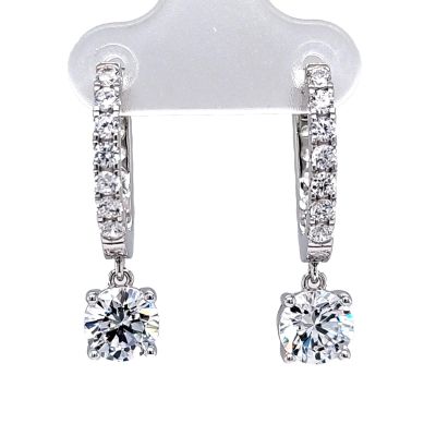 Sterling Silver Hoop Earrings with Round-Cut Simulated Diamond Dangle – 2.5 CTW CZ, Prong Set, Elegant Drop Hoops for Women