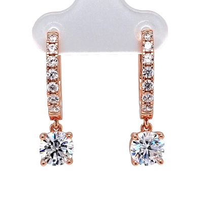 Sterling Silver Hoop Earrings with Round-Cut Simulated Diamond Dangle – 2.5 CTW CZ, Prong Set, Elegant Drop Hoops for Women