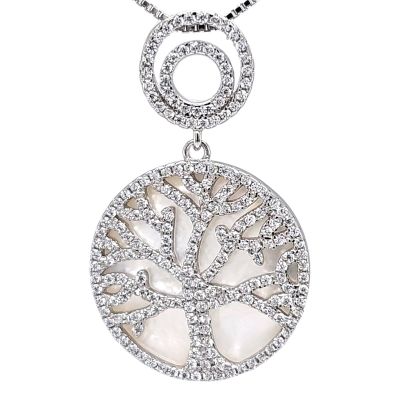 Sterling Silver CZ &amp; Mother of Pearl Tree of Life Pendant Necklace or Earrings