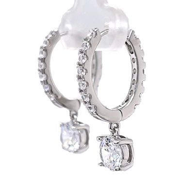 Sterling Silver Hoop Earrings with Round-Cut Simulated Diamond Dangle – 2.5 CTW CZ, Prong Set, Elegant Drop Hoops for Women