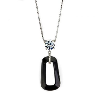 NANA Black Ceramic &amp; Pure Brilliance CZ Pendant/Necklace with a 0.8mm 22&quot; Adjustable Box Chain