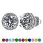 Customizable Halo Birthstone Stud Earrings, Solid 925 Sterling Silver w/Pure Brilliance Zirconia - Hypoallergenic